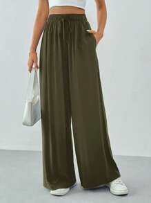 SHEIN Tall Women Spring/Summer Casual Solid Color Drawstring Wide Leg Pants,Cargo Pants - Army Green - View 5