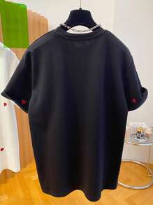SHEIN 大码爱心刺绣休闲短袖圆领上衣 - 黑色 - 查看 2