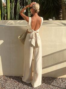 Livesso 2 pièces/Set Femmes Top Sans Manches Dos Nu Couleur Unie Et Pantalon Costume Décontracté En Lin