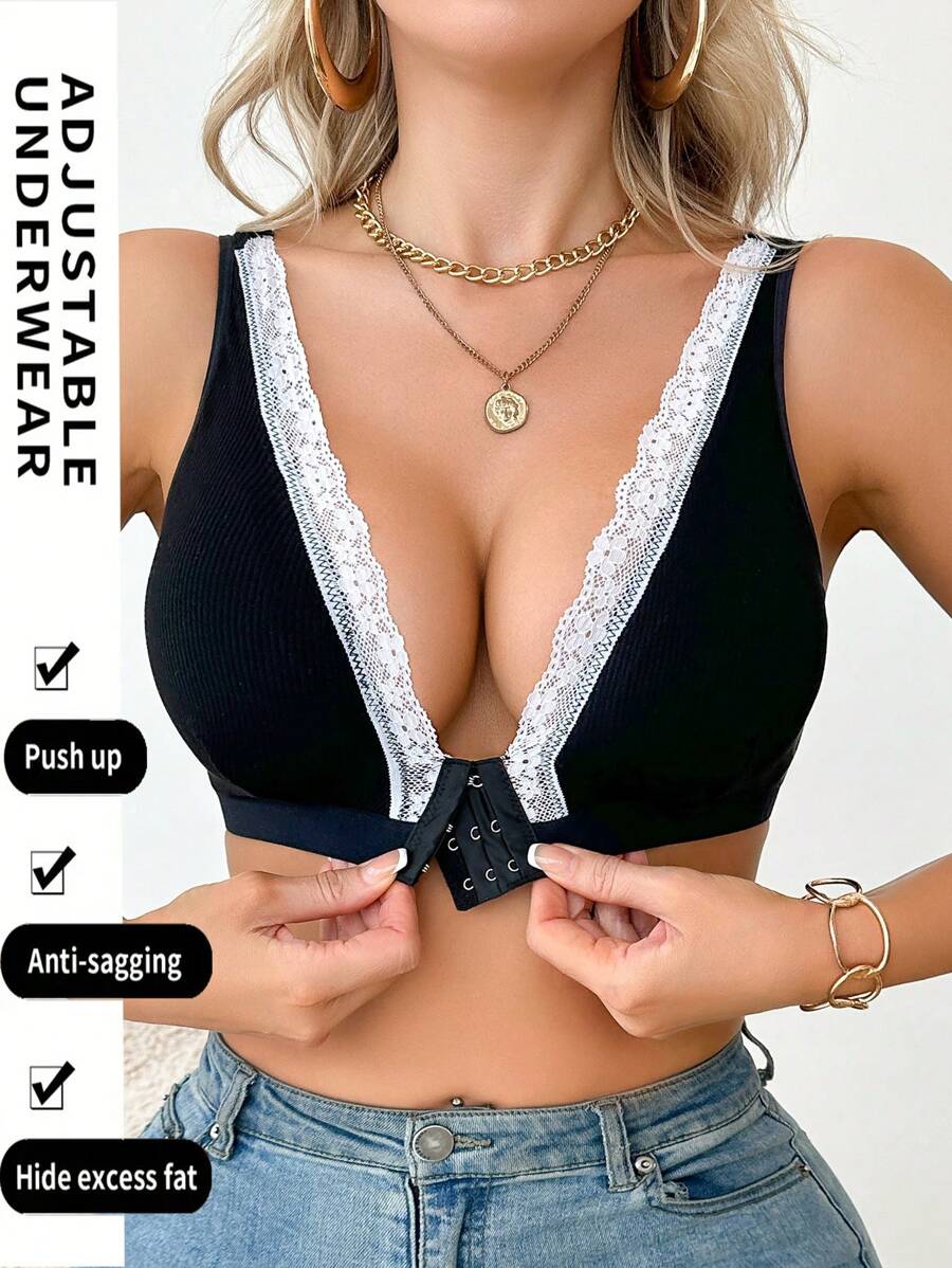 SHEIN Women's Fashionable Comfortable Lace Patchwork Front Closure Bra - Black - View 1