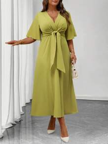 Auvina Plus Size Women's Elegant Cross V-Neck Ruffle Sleeve Tie-Waist Dress For Summer Daily Wear - Green - View 6