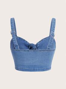 SHEIN SXY Áo hai dây denim thắt nơ co giãn cỡ lớn cho nữ, màu xanh nhạt - Rửa nhẹ - Xem 2