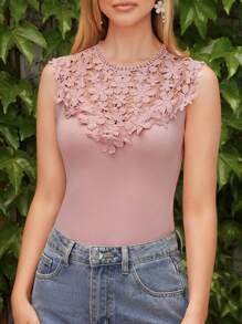SHEIN Clasi Guipure Lace Panel Tank Top