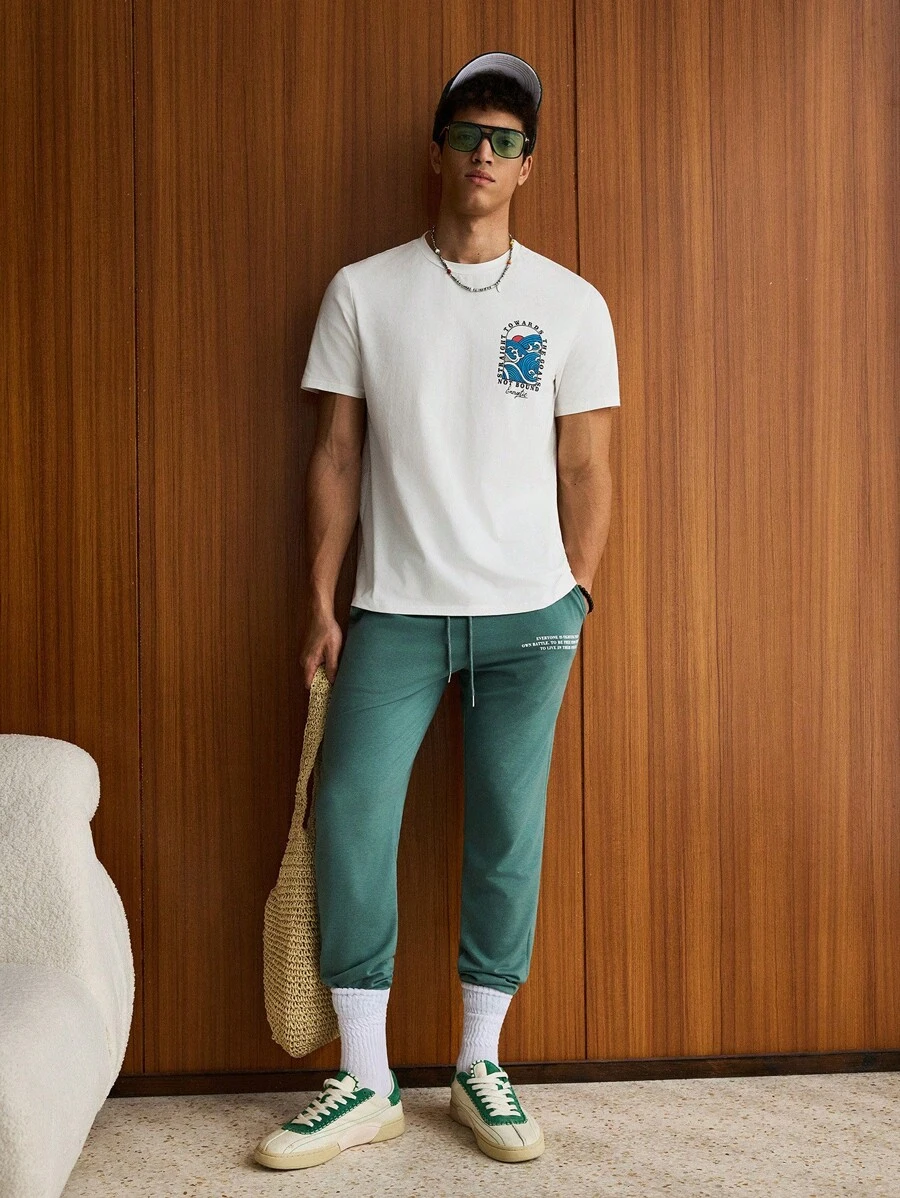 SWAVVY Men Cotton Wave And Slogan Graphic Tee & Drawstring Waist Sweatpants