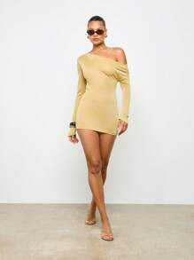 AiiRZ Off Shoulder Long Sleeve Mini Dress Beach Cover Up Resort Wear Party Evening Shimmer Bodycon Stretch Clubwear - Gold - View 2