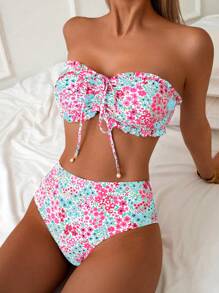 SHEIN Swim Women's Summer Beach Vacation New Cute Strapless Ruffled Ditsy Floral Patterned Bikini Set Set With Delicate Pearl Pendant & Drawstring Tie - Multicolor - View 1