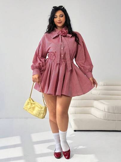 Solflare 女式红白格子加大码休闲连衣裙