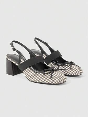 Kawaii Damen Backless Mary Jane Pumps im Kontrast Karomuster, elegante Pendelschuhe mit hohem Absatz
