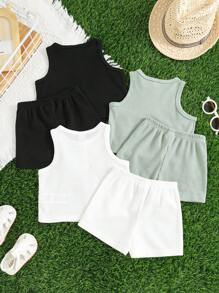 SHEIN 6pcs/Set Baby Boy Summer Cute Casual Knit Top & Shorts Set, Basic Multipack - Black and White - View 2