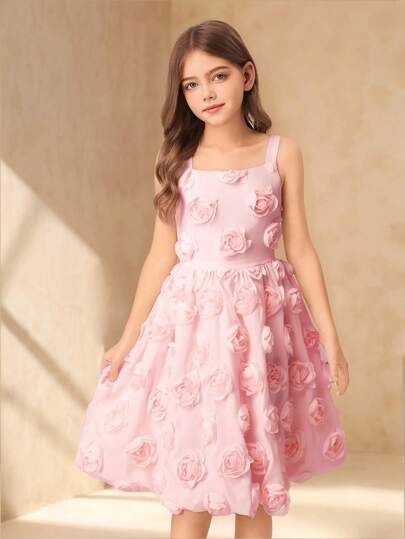 花卉 3D 公主裙，新款时尚女孩派对礼服，少女无袖公主礼服