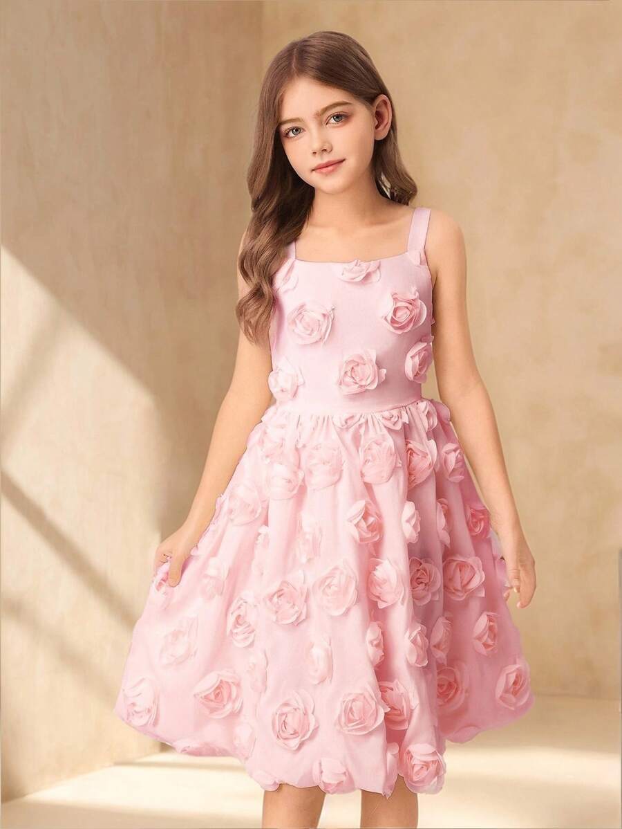 花卉 3D 公主裙，新款时尚女孩派对礼服，少女无袖公主礼服 - 粉色 - 查看 1