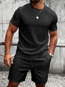 Manfinity CasualCool 男士夏季基本款纯色针织休闲圆领短袖两件套西装，适合日常休闲穿着，适合送给老公和男朋友的礼物 - 黑色 - 查看 4