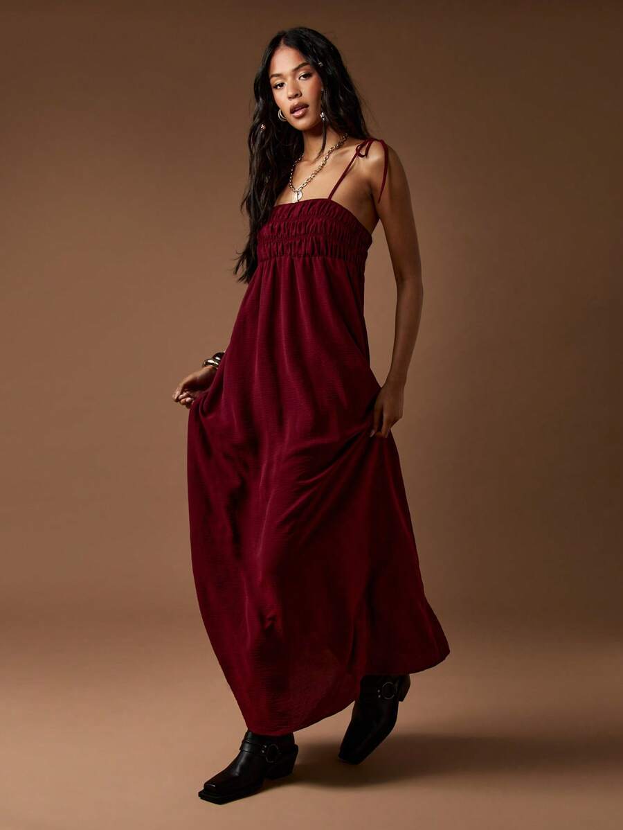 empire waist christmas dress Empire Waist V Neck Long Sleeves Cabernet Wedding Guest Dress With Split, Cabernet / M main image 1