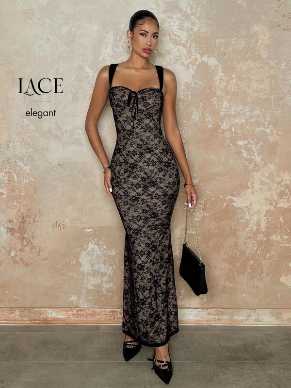 SHEIN BAE Solid Color Lace Bodycon Elegant Sexy Date Night Camisole Mermaid Dress, Halloween Women Costume,Summer Dresses For Women,Tea Party Dress