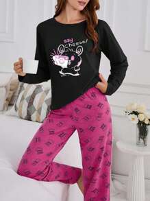 EURMUSE 100% Cotton 2Pcs  Animal Printed PJ Set - Navy Blue - View 5