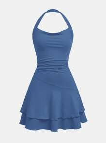 SHEIN Girlism 少女针织露背荷叶边下摆溜冰裙 - 霧霾藍 - 查看 4