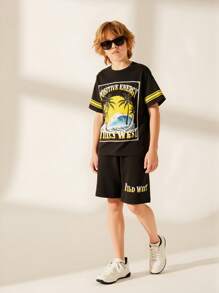 2pcs/Set Tween Boys Striped Round Neck Short Sleeve Palm Tree Print T-Shirt Set, Summer - Black - View 1