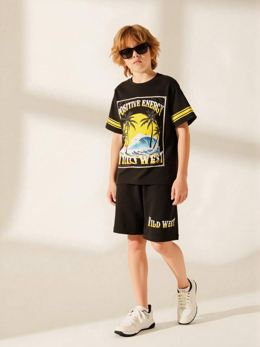 2pcs/Set Tween Boys Striped Round Neck Short Sleeve Palm Tree Print T-Shirt Set, Summer - Black - View 1