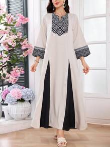 SHEIN Najma 新款优雅印花拼布连衣裙，春夏，端庄 - 米色 - 查看 4