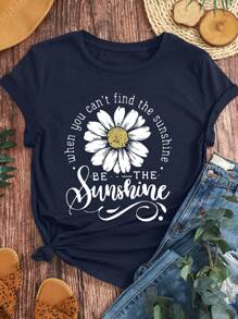 SHEIN LUNE Camiseta de cuello redondo de verano para mujer con estampado de crisantemo y letras en inglés, tallas grandes