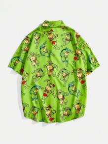 TEENAGE MUTANT NINJA TURTLES X SHEIN Camisa holgada informal de manga corta y tejido estampado para hombres en verano