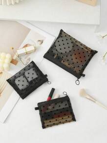 1pc Heart Print Mesh Makeup Bag Set, Mesh Cosmetic Bag Full Of Heart,Toiletry Bag Makeup Purse Bag With Zipper, Portable Mesh Storage Organizer Pouches For Lipstick, Brush, Skincare, Mobile Phone, Coin, Small Items, For Home,Gift,Vacation And Festival Halloween Christmas Multifunctional Use,Boho Vibes - Black - View 2