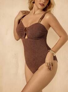 Elaquor Plus Size Women Beach Holiday Backless One-Piece Swimsuit - Brown - View 3