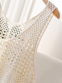 CosyJoli 大码女式镂空针织无袖背心，时尚休闲宽松度假装，2025 年新款系列 - 米色 - 查看 6