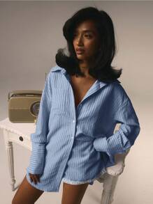 Athîral 2 件套女士粉色休闲前扣长袖条纹印花上衣和短裤蕾丝带套装情人节