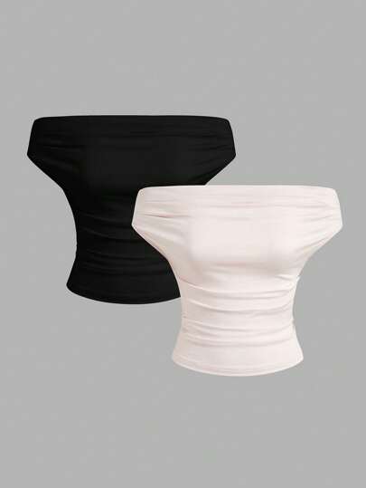 SHEIN EZwear طقم 2 قطعة، شيرت كتف مكشوف بأكتاف مفرقعة، ملابس صيفية جديدة متعددة الاستخدامات للنساء