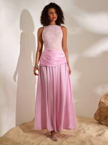 Opulessa Abito da donna elegante con vita arricciata e pizzi a contrasto