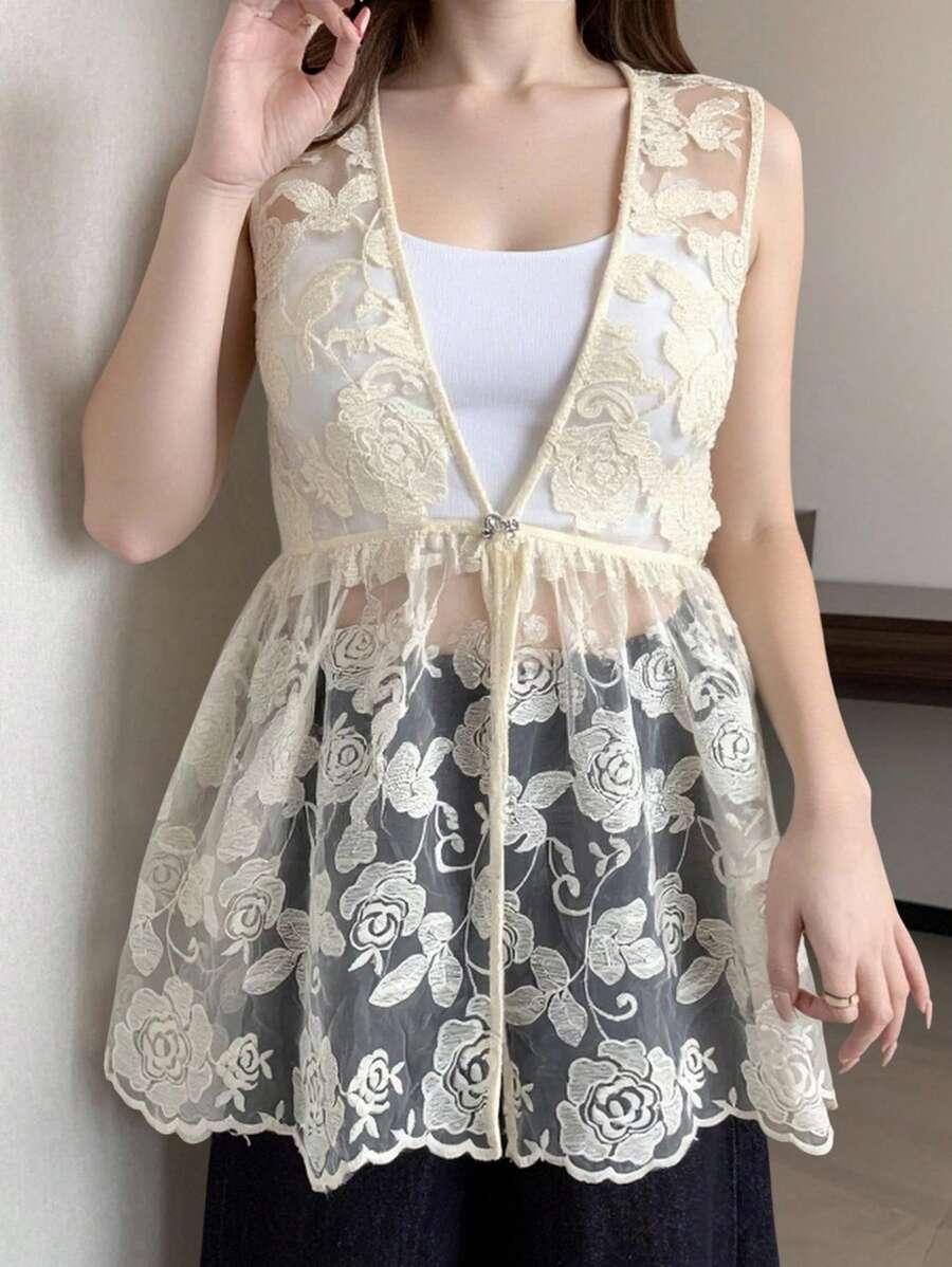 DAZY 女士蕾丝V领透视宽松叠穿甜美森风纽扣上衣 - 杏色 - 查看 1