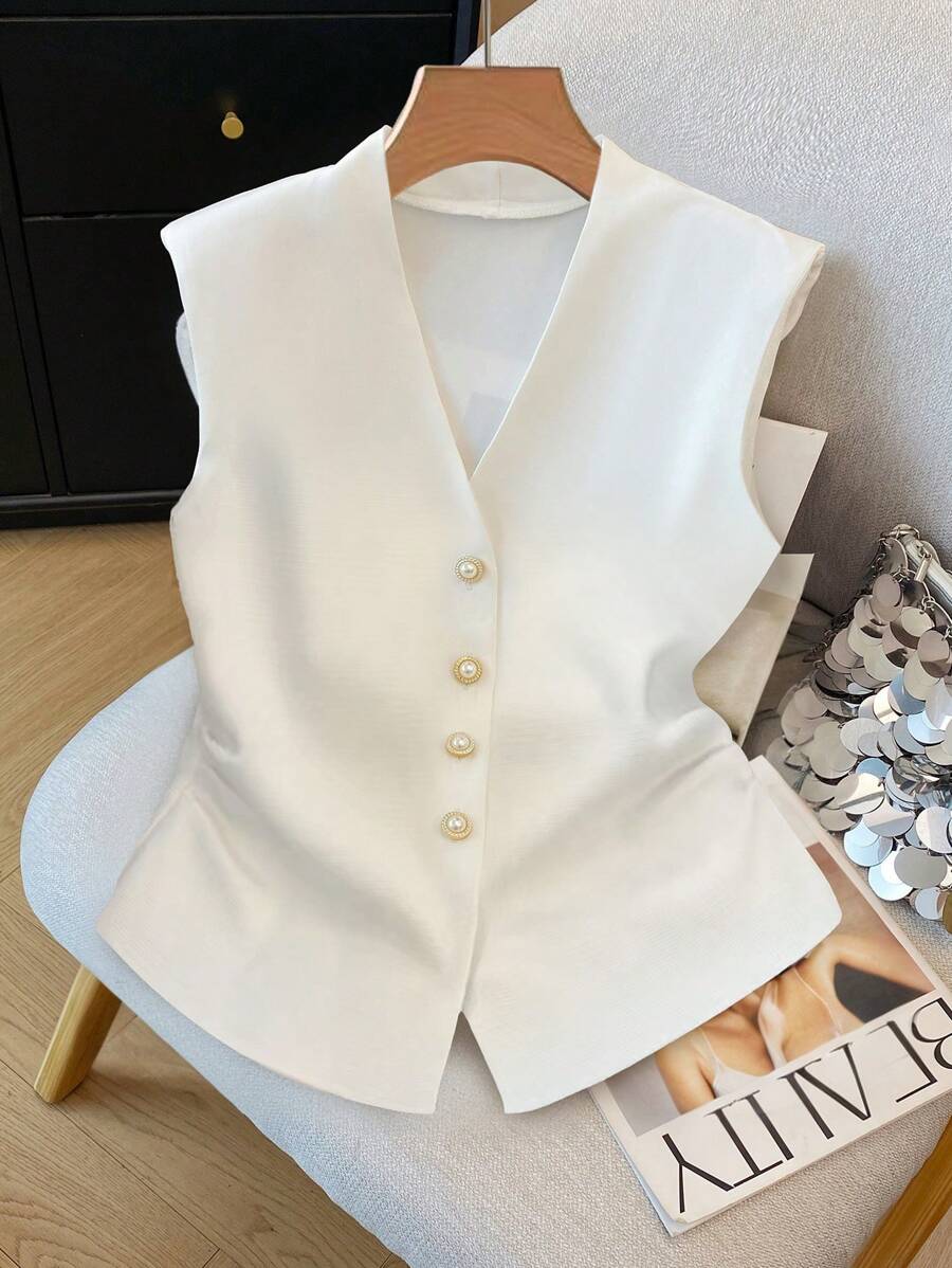 SHEIN PETITE Elegant V-Neck Sleeveless Blouse For Women, Waist-Defining, Spring/Summer - White - View 1