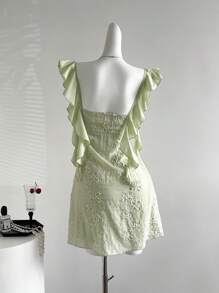 Sweetra Floral Embroidery Ruffled Strap Vacation Style A-Line Short Dress For Ladies, Green - Green - View 2