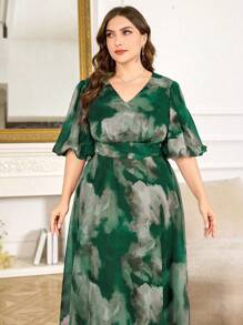 Modelyn New High-End Elegant Loose Swing V-Neck Short Sleeve Dress - Dark Green - View 6