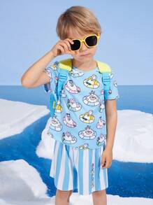 SEALOOK X SHEIN Conjunto de 2 piezas para niño pequeño con camiseta azul con diseño de foca y estrella de mar del mundo acuático y shorts de rayas azules y blancas para playa de verano - Azul - Ver 6