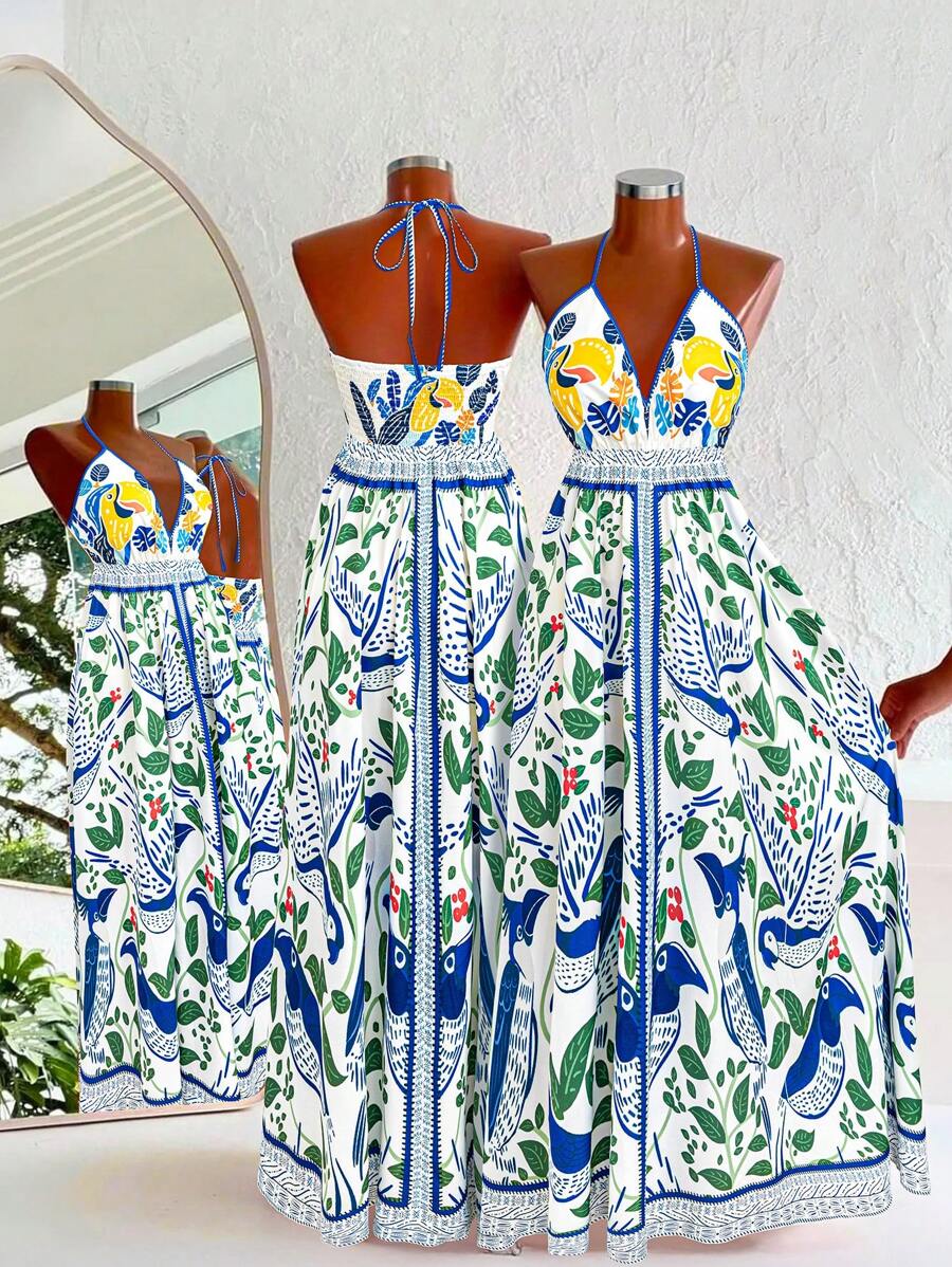 SHEIN LUNE Đầm hở lưng in họa tiết nhiệt đới Bohemian cỡ lớn cho nữ - Nhiều màu - Xem 1