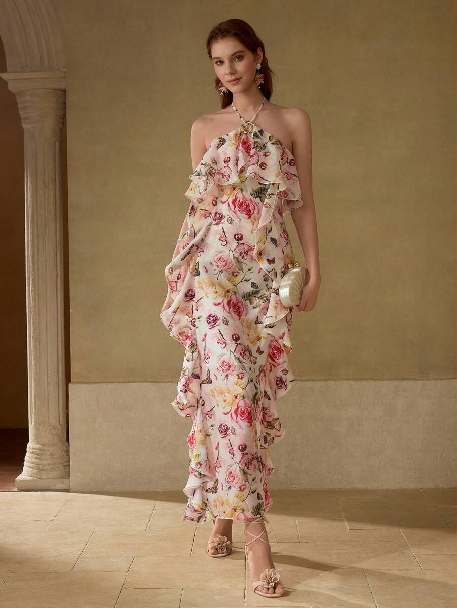 MOTF PREMIUM FLORAL PRINT RUFFLE TRIM DRESS