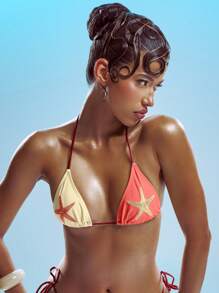 Musera Resort Top de Maiô Bikini Triangular com Aplique de Estrela do Mar em Contraste, Decote Halter, Apenas Top, Roupa de Banho de Praia, Férias, Verão, Feriado, Fofo, Sexy, Ibiza, Elegante, Y2k, Marinho, Festival de Primavera - Multicolorido - Visão 1