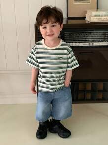 Hapijoa Áo thun tay ngắn họa tiết da sọc cổ tròn thường ngày cho bé trai - màu xanh lá - Xem 9