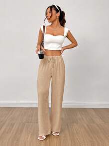 SHEIN PETITE Women's Linen High Waisted Summer Baggy Pants,Cargo Pants - Apricot - View 6