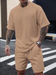 Manfinity Homme 男士纯色落肩休闲夏季圆领纹理 T 恤和短裤两件套休闲套装，舒适服装 - 卡其色 - 查看 5