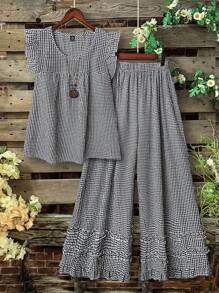 Linhara Plus Size Women's Round Neck Plaid Cap Sleeve Shirt And Elastic Waist Wide Leg Pants Two Pieces Casual Outfit, For Spring Summer