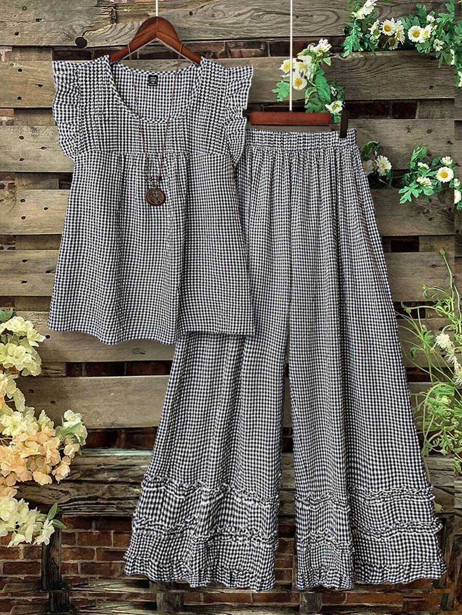 Linhara Plus Size Women's Round Neck Plaid Cap Sleeve Shirt And Elastic Waist Wide Leg Pants Two Pieces Casual Outfit, For Spring Summer