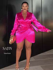 Slaydiva Women's Plus Size Wrapped Knot Design Dress - Hot Pink - View 7