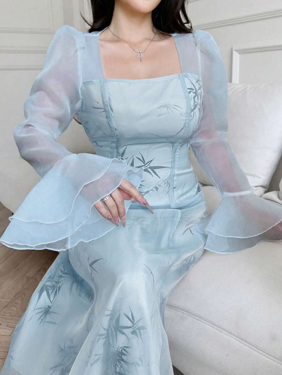 Modelyn 女士优雅竹子印花长款喇叭袖连衣裙 - 藍色 - 查看 1