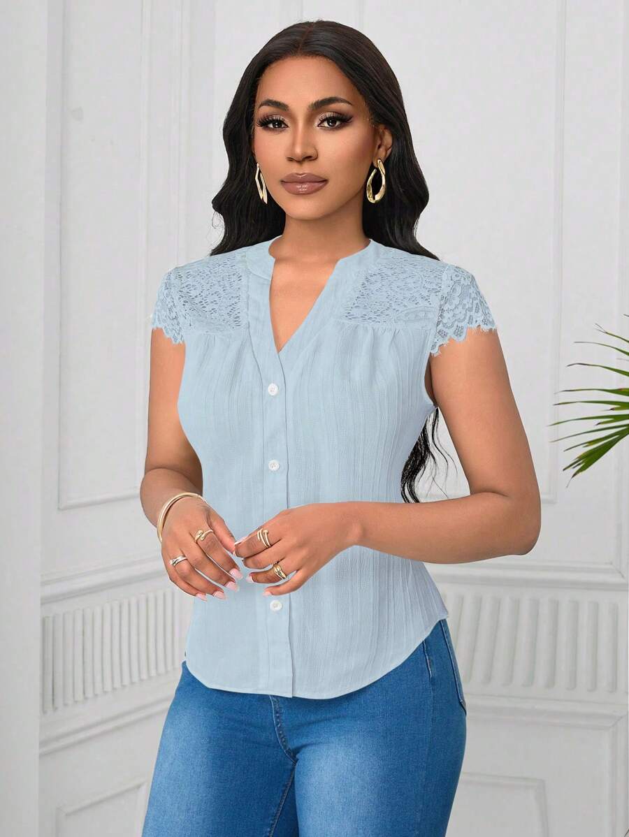 SHEIN Unity 优雅蕾丝拼布波浪条纹短袖女式衬衫 - 藍色 - 查看 1