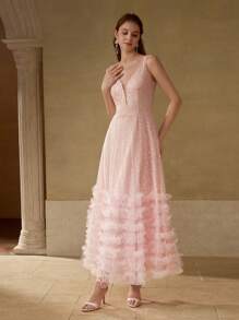 MOTF PREMIUM LACE MESH PANEL LAYERED RUFFLE HEM COCKTAIL DRESS - Baby Pink - View 4