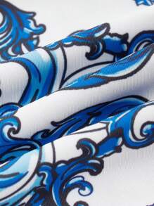 Swim Oasis 1pc/2pcs Set Paisley Print & Twisted Strap One-Piece Swimsuit With Flared Design For Summer Beach Vacation - Blue and White - View 3