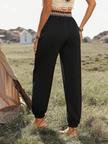 SHEIN PETITE Women's Casual Elastic Waistband Color Contrast Drawstring Waist Tapered Leg Pants, Versatile For Everyday Wear Fall Cloth For Women - Black - View 2